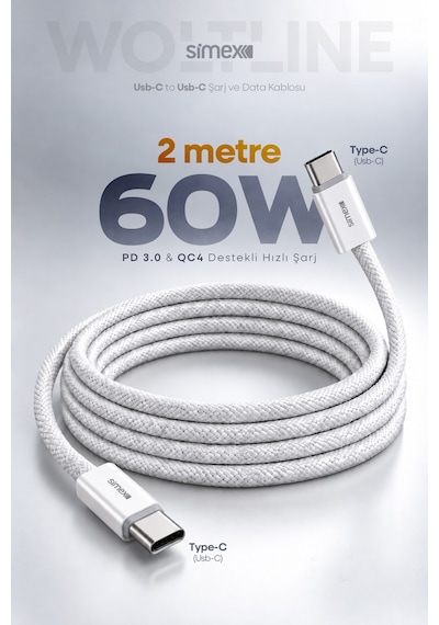 Type-c To Type-c 2 Metre Kablo 60w Süper Hızlı Şarj İphone Samsung Xiaomi Oppo Uyumlu
