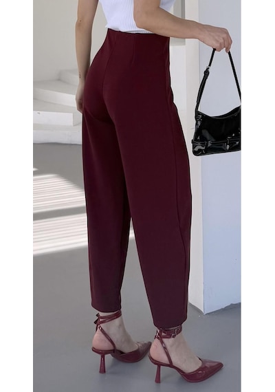 Paw Garage Kadın Bernis Bordo Balon Pantolon, Beli Lastikli Şalvar Model Krep Balon Pantolon Basen Gizleyen Bordo