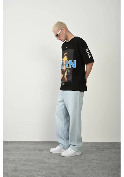 Unisex Baskılı Bisiklet Yaka Oversize T-shirt - Siyah Siyah