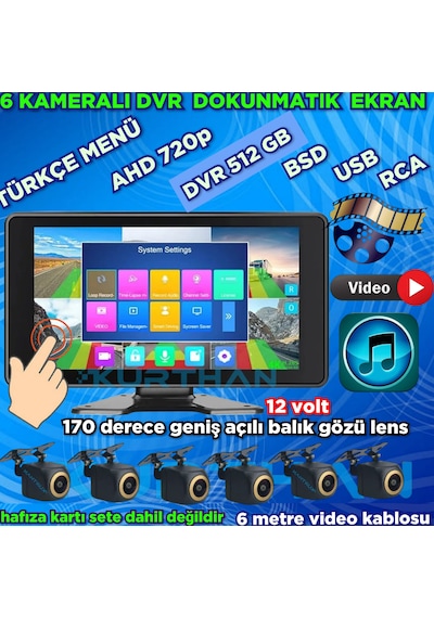 6 Ch 512 Gb 10 İnç Dokunmatik Usb Bsd Dvr Ekran 170'' Balık Gözü Ahd 720p Rca Kamera 12 Volt