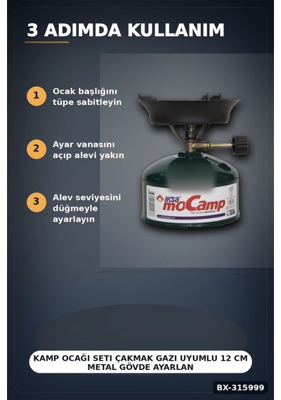 Kamp Ocağı Seti Çakmak Gazı Uyumlu 12 Cm Metal Gövde Ayarlanabilir Alev Bx-315999 Çok Renkli