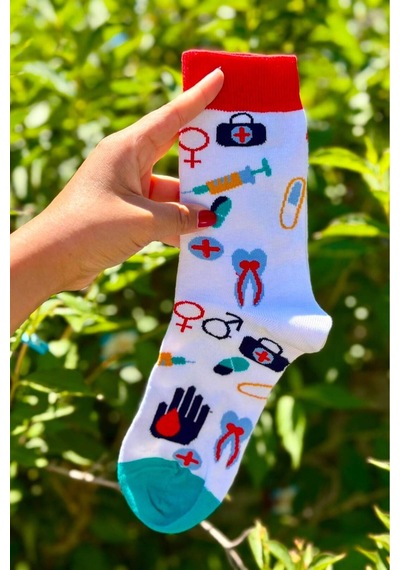 Lousocks Unisex Doktor Hemşire Medikal Desenli Beyaz Soket Çorap