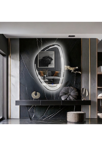 Fractura Asimetrik Led'li Kumlamalı Lavabo & Banyo Aynası Dokunmatik Sensörlü 80 X 50 Cm Beyaz