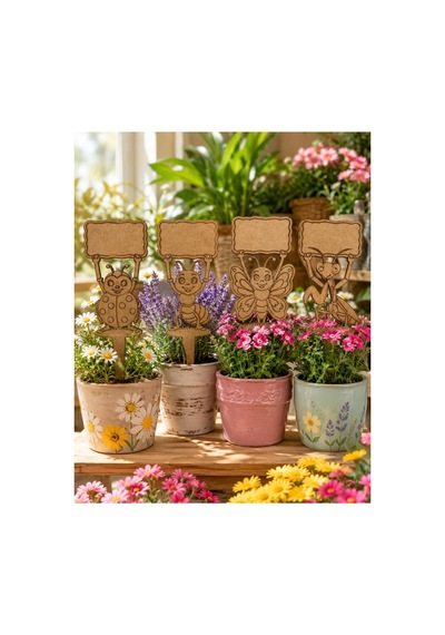 Arliadesign Kendin Boya Ahşap Bitki Etiketi 4 Lü 10x30 Cm Eğlenceli Böcek Figürlü Bahçe Ve Saksı Süsü, Ham Mdf