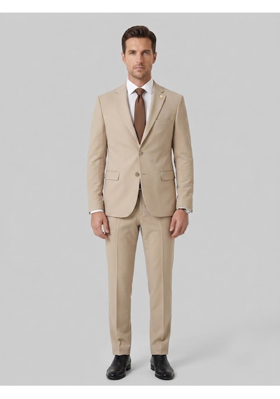 Tk6893 Erkek Klasik 2 Li Takım Elbise 2 Düğmeli Slim Fit Esnek Kumaş Çift Yırtmaçlı 7 Drop Bej