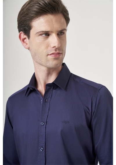İmza Lacivert Sert Yaka Uzun Kol Cepsiz Saten Slim Fit %100 Pamuk Gömlek 1004260424