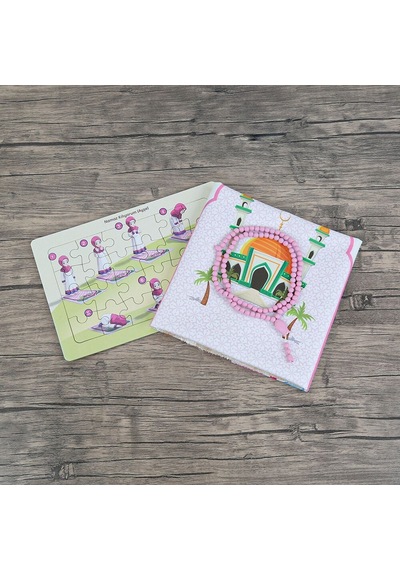 Çocuk Seccadesi Pembe 45x82 Cm Aksa Pembe & Kokulu Tesbih Bebek Pembesi & Ayşe Namaz Kılıyor Puzzle Çok Renkli