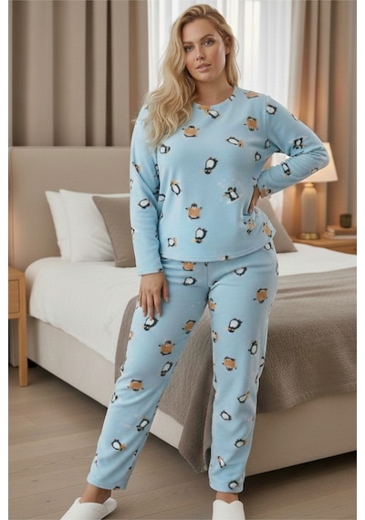 Siyah İnci Büyük Beden Polar Kışlık Örme Pijama Takım 25222583 mavi