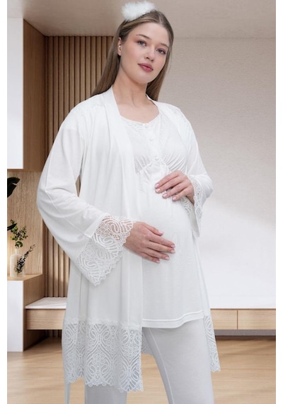 Mecit Pijama Mecit 6203 Bayan Ekru Sabahlıklı Hamile Lohusa Pijama Takımı