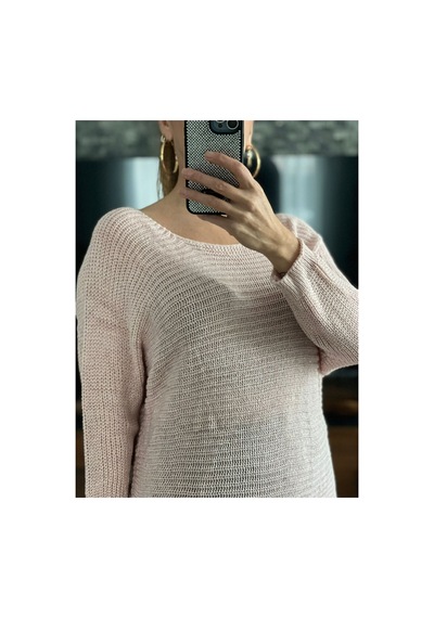 Wellway Kayık Yaka Simli Kumaş İnce Triko Kazak-pembe Pembe