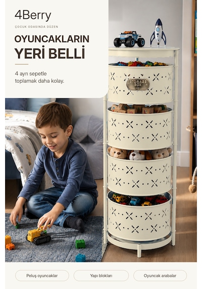 4 Katlı Metal Çok Amaçlı Düzenleyici Sepet Mutfak Sebzelik, Oyuncak, Banyo Ve Ev Organizeri Krem