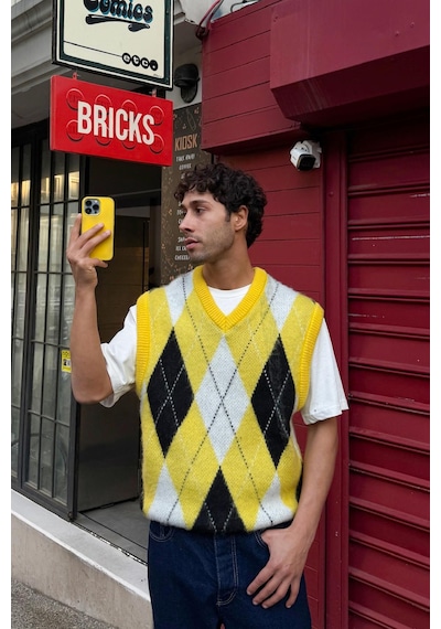 Flaw Baklava Desen Triko Süveter Sarı Sarı