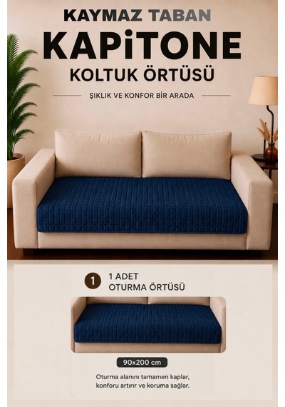 Kare Desenli Tek Parça Kaymaz Taban Kapitone Koltuk Örtüsü Çekyat Kanepe Örtüsü 90x200 Lacivert Lacivert