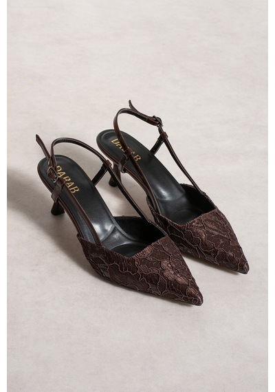 Dabab Shoes Julıe Kadın Acı Kahve Dantel Dokulu Sivri Burun 5 Cm Topuklu Slingback Ayakkabı Kahverengi