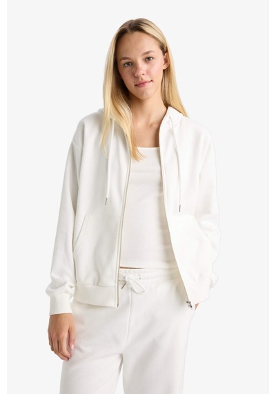 Defacto Relax Fit Kapüşonlu Basic Düz Kalın Fermuarlı Sweatshirt C1809ax25auer105 Ekru