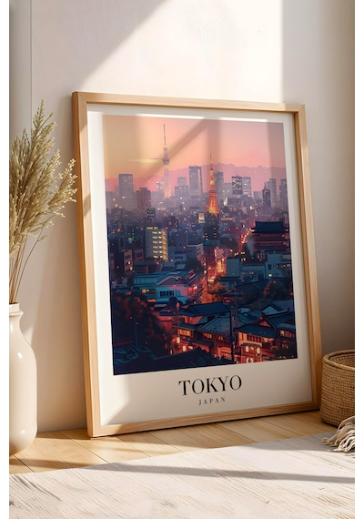 Tokyo Japan Vintage Seyahat Posteri Çerçeveli Tablo - Premium Gece Silüeti Elit Duvar Dekoru Kayın