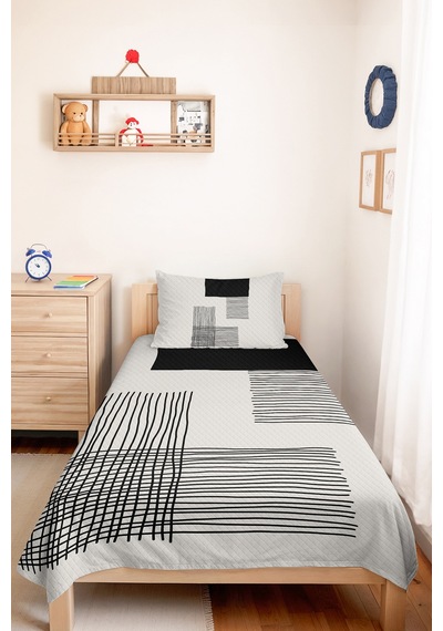 Siyah Geometrik Genç Odası Tek Kişilik Pike Takımı - Modern Çizgili 160x220 Cm Kapitone Yatak Örtüsü Turkuaz