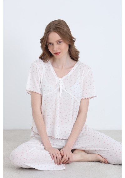 Elitol Jakarlı Viskon Bağlamalı Kadın Pijama Takımı Desenli-11