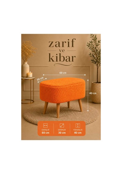 Pufly Peluş Çok Amaçlı Dekoratif Puf Koltuk Dekoratif Puf Ahşap Ayaklı Puf 30x60 Turuncu Turuncu