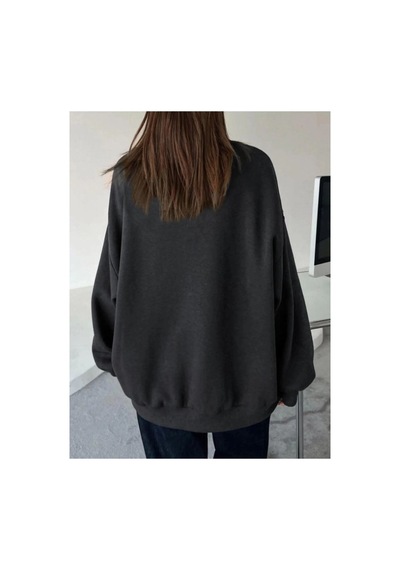 Velmora Fashion Kadın Düz Bisiklet Yaka 3 İplik Sweatshirt - Siyah