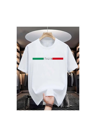Caddemia Yaz  Moda Rahat Spor Gevşek Italıa Mektup Desen Baskılı Yuvarlak Boyun Beyaz 2XL