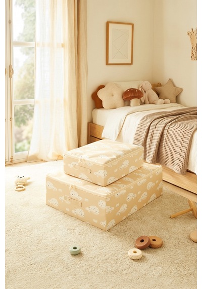 Ocean Home Textile 2'li Çocuk Odası Sevimli Balina Destekli Kutu Hurç Set 31 X 38 X 12 + 45 X 55 X 18 Cm Bej