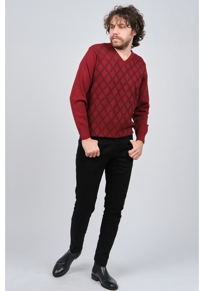 Pave Erkek V Yaka Desenli Yün Kazak 4539072 Bordo Bordo