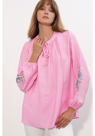 Hiccup Bdart Nakışlı Oversize Krep Bluz Parlak Pembe