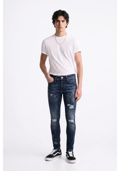 Blue White Erkek Skinny Ripped Patch Detaylı Jean Koyu Mavi 25