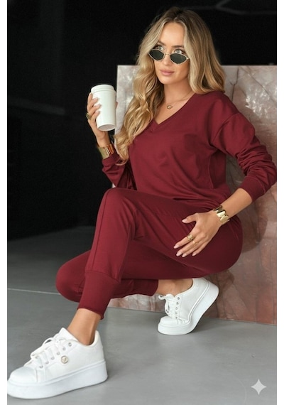 Meleners Kadın Uzun Kollu V Yakalı Viskon Iki Iplik Bluz Ve Pantolon Ikili Takım Kırmızı
