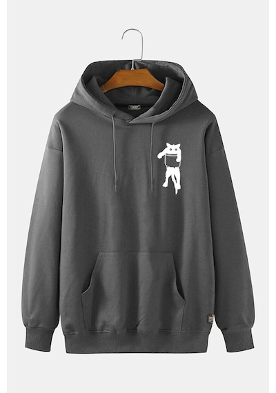 Unisex Antrasit Kapüşonlu Kedi Baskılı Slim Fit Kanguru Cepli Sweatshirt Antrasit