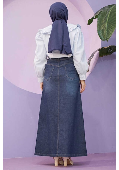 2287-denim Dikişli Etek Koyu Mavi Koyu Mavi