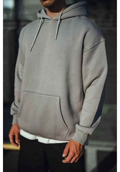 Erkek 3 İplik Penye Kapüşonlu Basic Sweatshirt Hoodie - Boyalı Gri