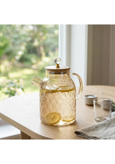 1600 Ml Kristal Desenli Isıya Dayanıklı Cam Demlik - Ahşap Kapaklı, Gold Detaylı Büyük Boy Borosilikat Çaydanlık çok renkli