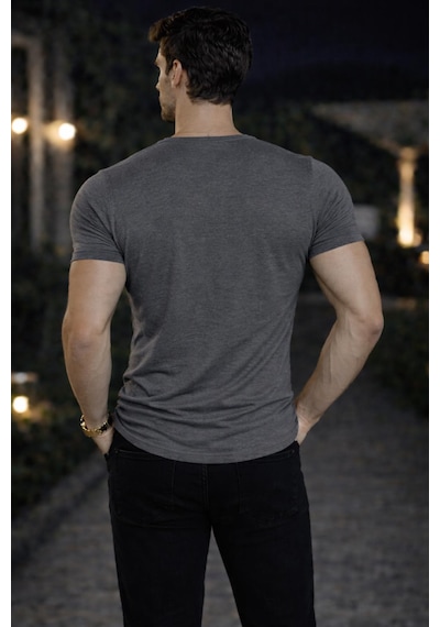 Bybülent Erkek Oval Yaka Tişört Açık Yaka Likralı Slim Fit T-shirt Gri Füme