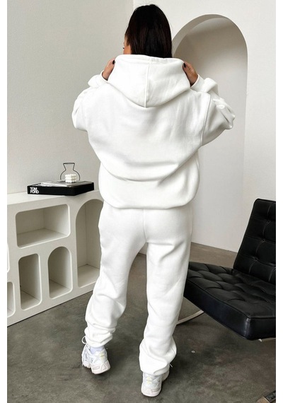 Basic Düz Eşofman Takımı Sweatshirt Jogger - Beyaz Oversize Şardonlu Kapüşonlu Beyaz