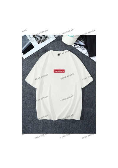 Startmore Unisex Kadın/erkek Freedom Renkli Özel Baskılı Oversize Penye Beyaz