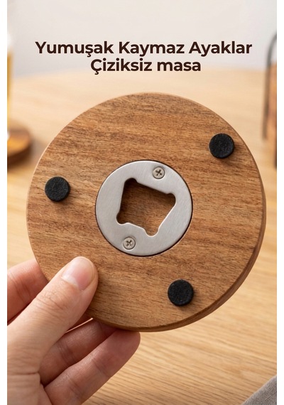 Ahşap Bardak Altlığı 6'lı Set Ahşap Şişe Açacaklı Stantlı Bardak Altlığı Sunum Seti Bardakaltligi, One Size