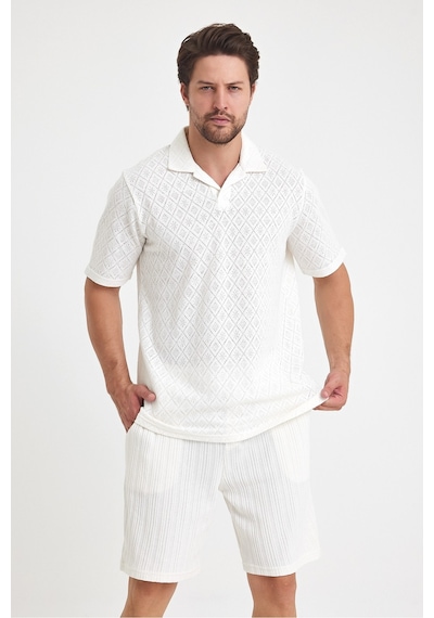 Tarz Cool Erkek Jakarlı Baklava Desenli %100 Pamuk Polo Yaka T-shirt Beyaz