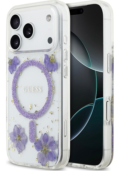 Apple Uyumlu iPhone 17 Pro Kılıf Guess Lisanslı M-safe Şarj Özellikli Transparan Resin Flowers Kapak Mor Mor