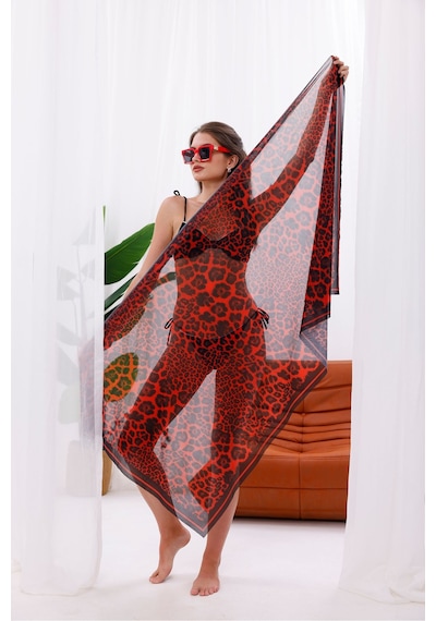 Tarzını Seç İç Gösterir Transparan Pareo - Kırmızı Leopar Model 150x95 Cm Çok Renkli