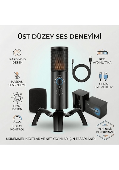 Profesyonel Usb Rgb Tak Çalıştır Mikrofon Çift Yönlü Kayıt Özellikli Yayıncı Ve Oyuncu Mikrofonu