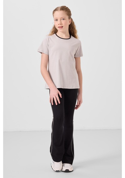 Tommylife Taş-siyah Pamuklu O Yaka Standart Fit Basic İspanyol Paça Kız Çocuk Tayt Takım - 75192 Taş