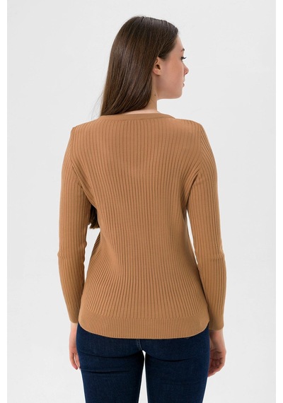 Miss Poem Kadın V Yaka Slim Fit Fitilli Uzun Kışlık Camel Triko Kazak Camel