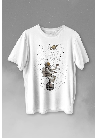Uzayda Jonglör Astronot Top Çeviren Hokkabaz Cosmos Baskılı Tişört Unisex T-shirt 001