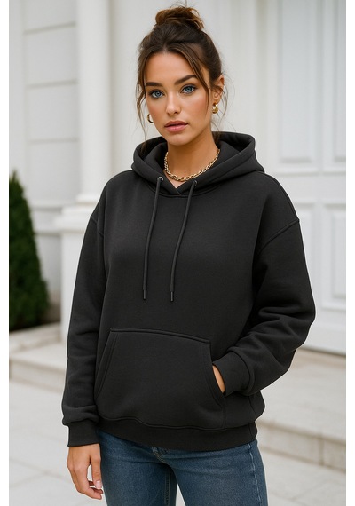 Kadın Antrasit Kanguru Cepli Kapüşonlu Scuba Sweatshirt Antrasit