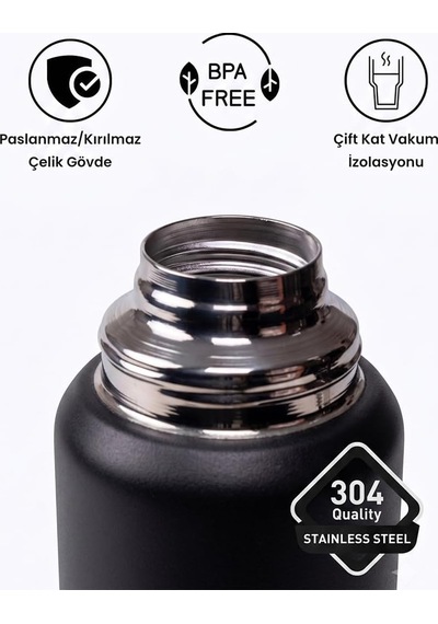2085 Çift Katmanlı Paslanmaz Çelik Termos Kulplu Termos Matara 1,5lt Siyah Diğer