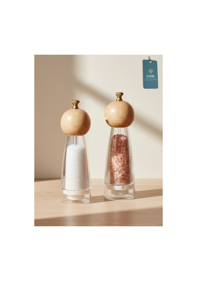 Chacha Home Luxury Bamboox Akrilik Tuz Ve Karabiber Değirmeni Baharat Öğütücü Şeffaf Lüx Gold Detaylı Büyük+küçük Boy