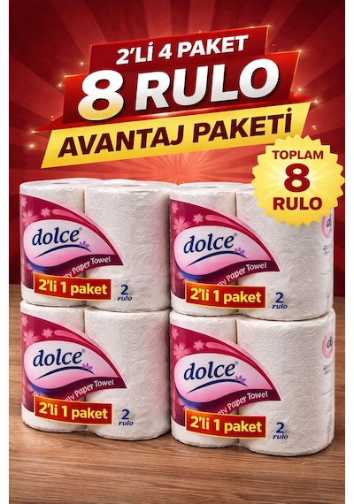 Dolce Çift Katlı Kağıt Havlu 2'li Rulo 4 Paket Yüksek Emicili Çok Amaçlı Kağıt Havlu Beyaz