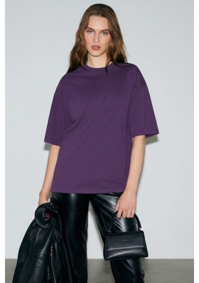 Soft&Basic Kadın %100 Organik Pamuk Oversize Fit Basic Yuvarlak Yaka T-shirt Mor